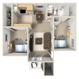 A 3D floor plan of a small apartment with a bedroom, living room, and kitchen.