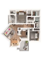 A top-down view of a house layout with a kitchen, living room, and bedrooms.