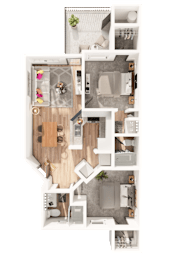 A top-down view of a house layout with a kitchen, living room, and bathroom.