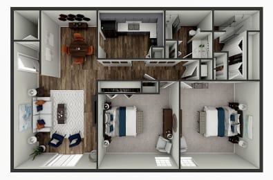 a 3d floor plan of a bedroom with a living room