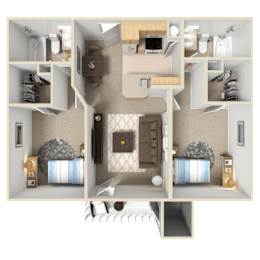 A 3D floor plan of a house showing a living room, kitchen, and two bedrooms.