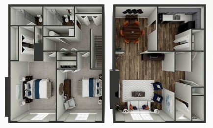 a stylized rendering of a bedroom and a living room