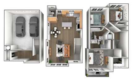 A set of three images showing different layouts of a car, a living room, and a kitchen.
