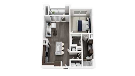 A top-down view of a small apartment with a kitchen, living room, and bedroom.