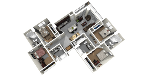 3d floor plan of a house with bedrooms and a living room