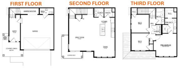 Three black and white images of house plans, one for the first floor, one for the second floor, and one for the third floor.