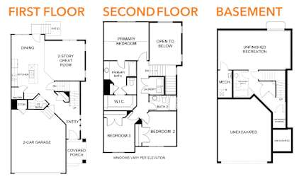 A diagram shows the layout of the first, second, and basement floors of a house.