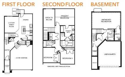 A diagram shows the layout of the first floor, second floor, and basement of a building.