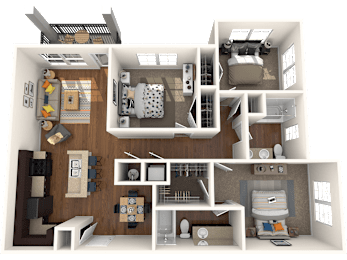 A 3D floor plan of a house showing a kitchen, living room, and bedrooms.