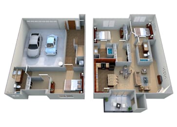 A 3D floor plan of a two-bedroom apartment with a living room, kitchen, and bathroom.