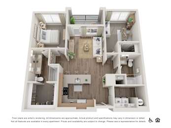 A floor plan of a two-bedroom apartment with a living room, kitchen, and bathrooms.