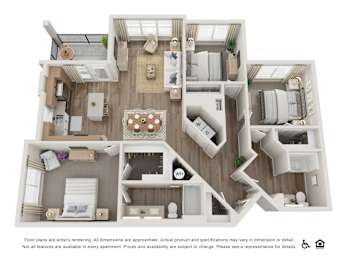 A 3D floor plan of an apartment with various rooms and furniture.