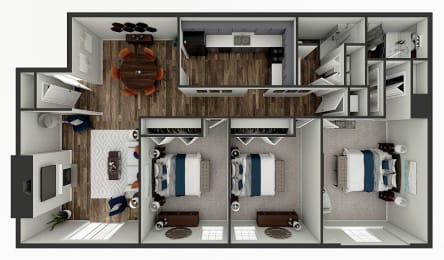 a 3d floor plan of a bedroom with a living room and a dining room