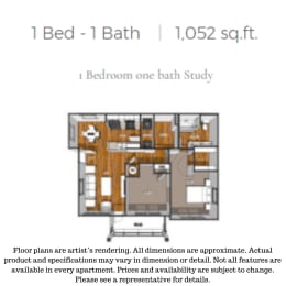 1 Bed 1 Bathroom Floorplan at La Contessa Luxury Apartments, Laredo, TX
