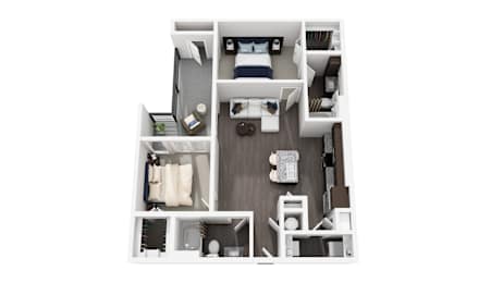 A top-down view of a small apartment with a bed, desk, and kitchenette.