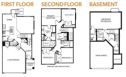 A diagram shows the layout of the first floor, second floor, and basement of a house.