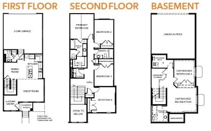 A floor plan of a house showing the first floor, second floor, and basement.
