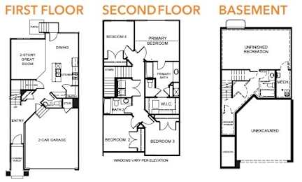 A set of three floor plans for a house showing the first floor, second floor and basement.