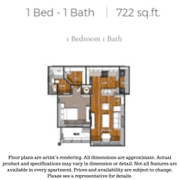 1 Bed 1 Bath Floorplan at La Contessa Luxury Apartments, Laredo, TX 78045