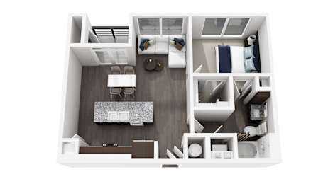 A top-down view of a small, modern apartment with a kitchen, living room, and bedroom.