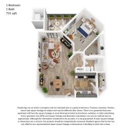 1 bedroom, 1 bathroom 731 square feet