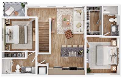 A top-down view of a small apartment layout with a kitchen, living room, and bathroom.