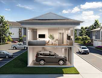 A modern house with a car garage is shown in the image.