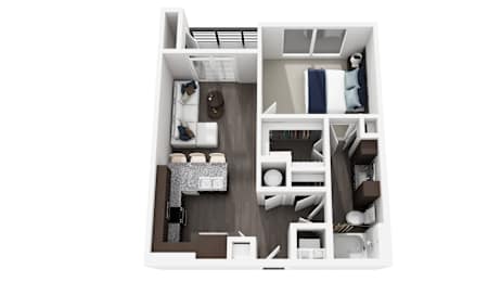 A top down view of a small apartment with a kitchen, living room, and bedroom.