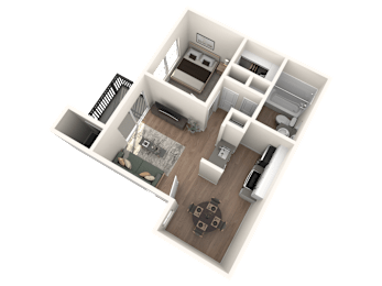 A 3D floor plan of a house with a kitchen, living room, and one bedrooms.