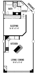 a floor plan of a small house with a kitchen and a bedroom