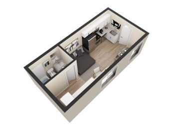 A 3D image of a small apartment with a kitchen, living room, and bathroom.