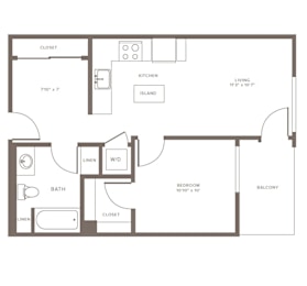 A floor plan of a small apartment with a kitchen, bathroom, and bedroom.