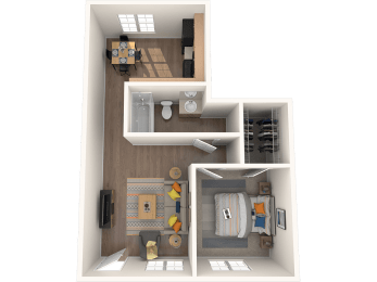 a rendering of a 3d floor plan with a bedroom and a bathroom at Westmount at Downtown Tempe, Arizona, 85281