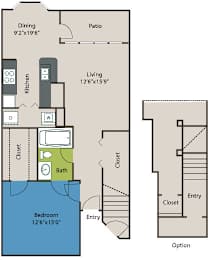 A floor plan of a house with a bedroom, bathroom, kitchen, dining area, and living room.
