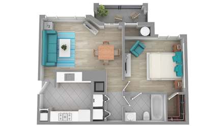 A top-down view of a small apartment with a kitchen, living room, and bathroom.