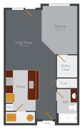 a floor plan of a living room with a bedroom and a kitchen