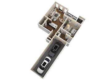 A 3D rendered image of a house layout with two bedrooms, a living room, a kitchen, a bathroom, and a garage.