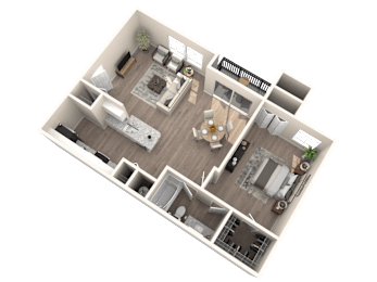 A 3D floor plan of a house with multiple rooms and furniture.