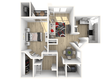 A 3D rendered image of a small apartment layout.