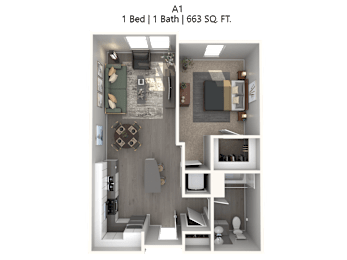 A 1 Bed 1 Bath apartment with 663 square feet.