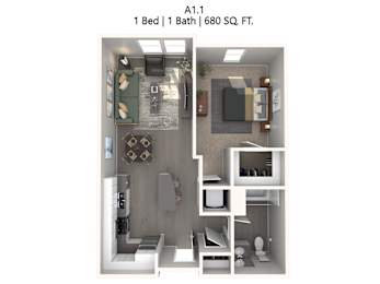 A 1 bedroom apartment with a bathroom and a kitchen.