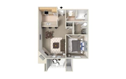 a stylized floor plan with a bedroom and a living room