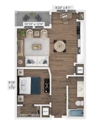 A floor plan of a room with a dining table, a couch, and a bed.