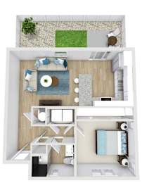 A 3D floor plan of a small apartment with a living room, kitchen, and bathroom.