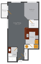 a floor plan of a studio apartment with a bedroom and a living room