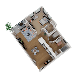 A 3D floor plan of a house with a kitchen, living room, dining room, and bathroom.