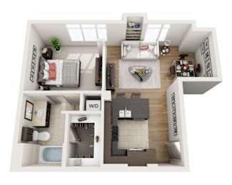 A 3D floor plan of a small apartment with a bedroom, living room, kitchen, and bathroom.