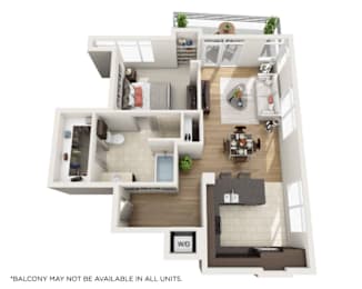 A top down view of a small apartment with a kitchen, living room, and bathroom.