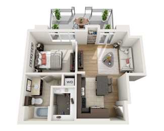 A top-down view of a house layout with a living room, kitchen, dining area, and bedrooms.