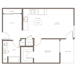 A floor plan of a small apartment with a living room, kitchen, and two bedrooms.